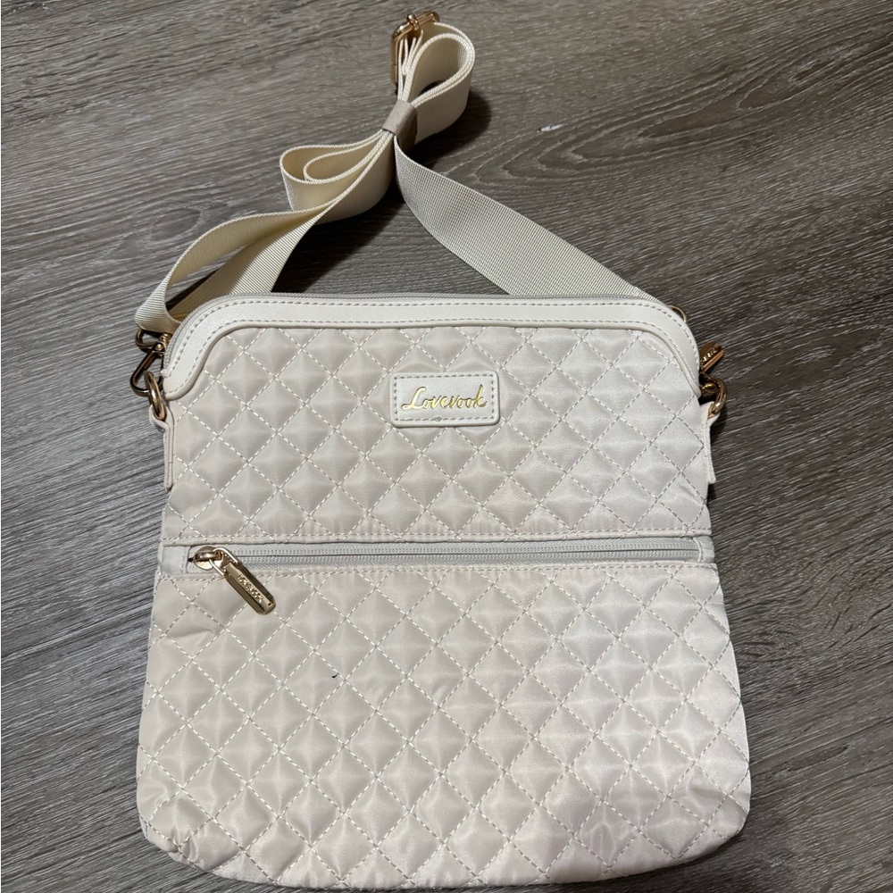 Cream Quilted Crossbody Bag with Gold Accents